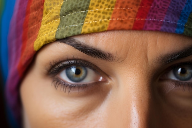 Foto scatto macro di primo piano del viso di una donna con trucco a disegno arcobaleno colorato