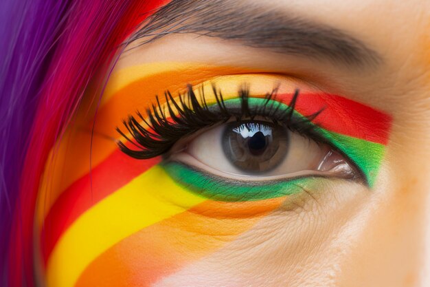 Closeup macro shot of woman face with colorful rainbow pattern makeup