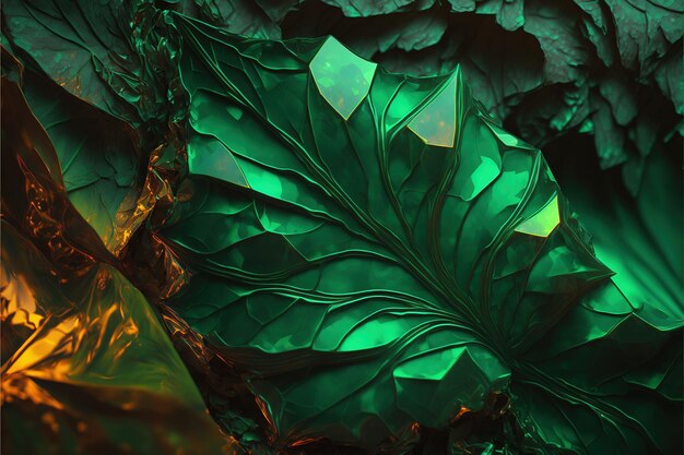 Closeup macro texture of luxurious green leaf in wondrous fantasy setting