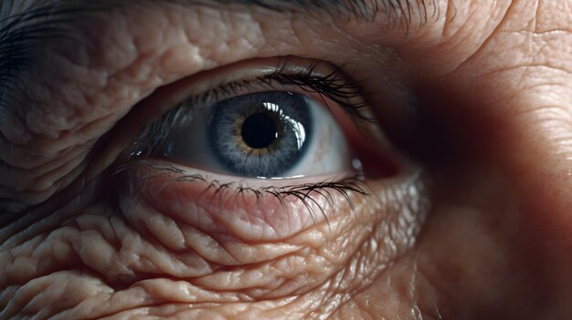 Closeup macro view on the blue eye of senior man