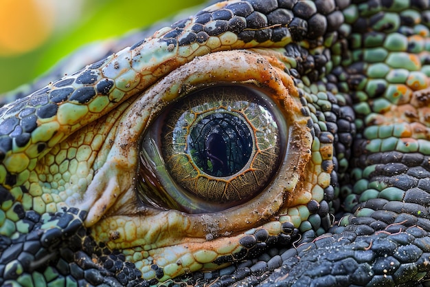 CloseUp Macrofotografie van Reptielen Oog Textureerde schubben Detail Levende kleuren Natuur Detail