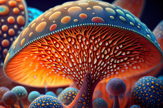 Closeup of magic mushroom with intricate patterns and colors visible created with generative ai