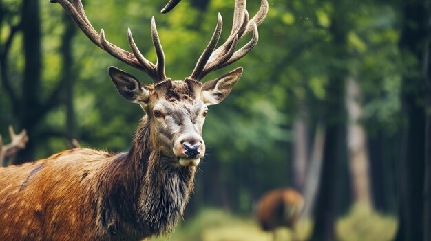 Closeup of A magnificent red deer with sprawling antlers standing on green forest Generative Ai