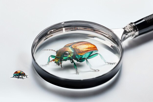 Closeup magnifying glass and dogbane beetle on white studio background for science research study