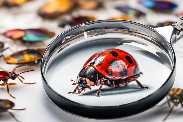 Closeup magnifying glass and red ladybug for science research study and entomology mockup space