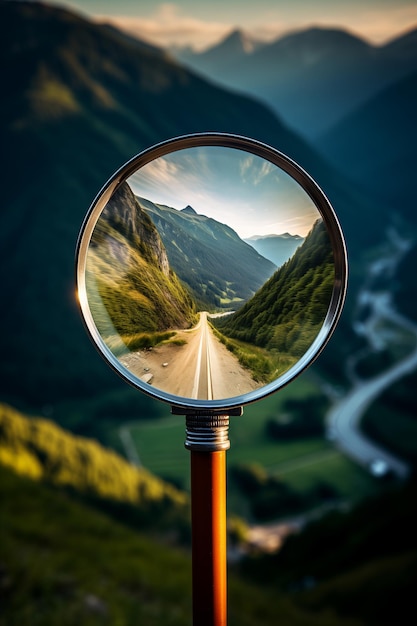 Photo closeup of a magnifying glass in which a beautiful mountain landscape and road are visible