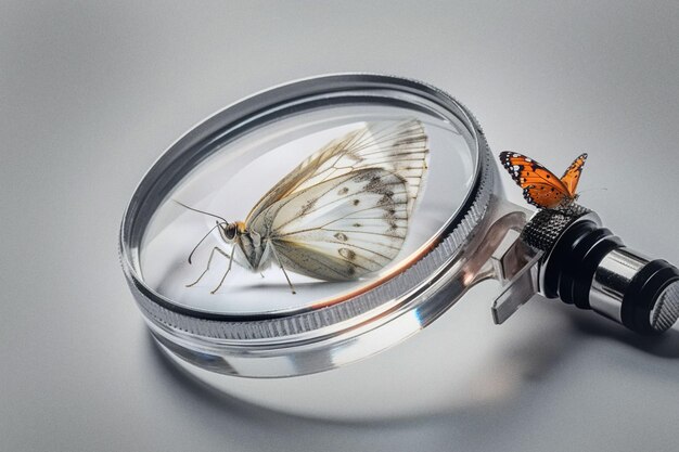 Closeup magnifying glass and white butterfly with monarch for science research study and entomology