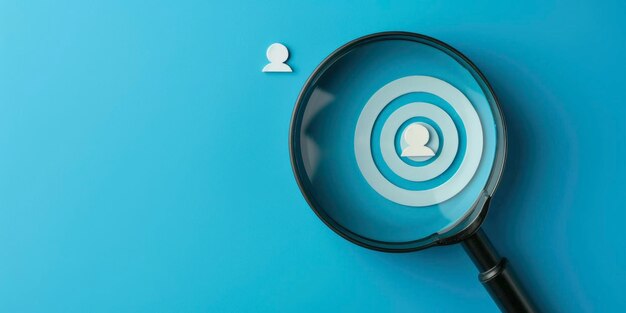 Closeup of magnifying glass with target and person icons on blue background symbolizing horizon for potential new customer or employee