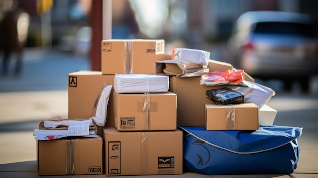 Photo closeup mail carrier with parcel variety of mail background