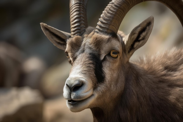 Closeup of the majestic face of an ibex with its horns and fur in full view