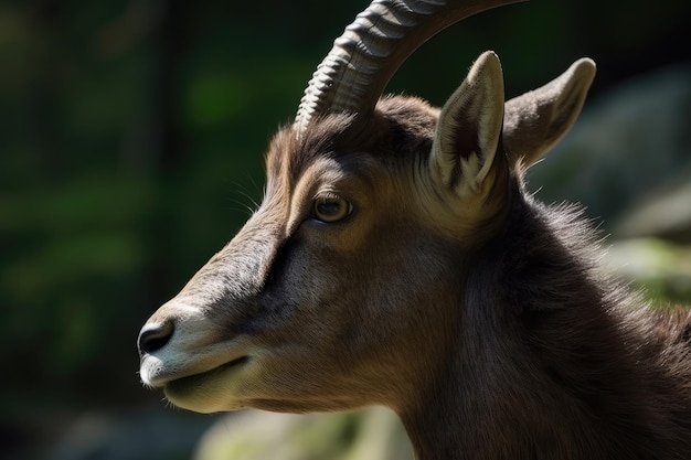 Closeup of a majestic ibex with its head turned horns and face in full view