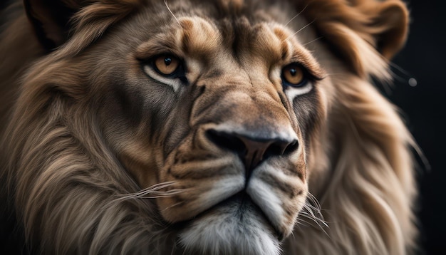 강렬한 시선과 아름다운 갈기를 보여주는 장엄한 사자 얼굴을 클로즈업