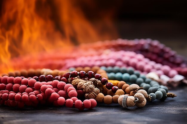 Closeup of malas with incense smoke