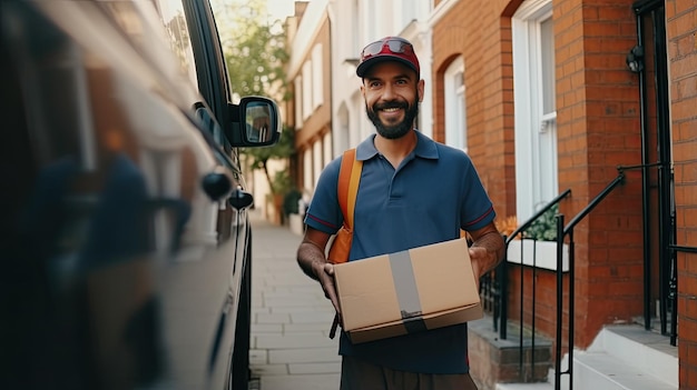 A closeup of a male courier's hands carefully holding a paper container filled with delicious takeaway food This image highlights the convenience and quality of modern food delivery services