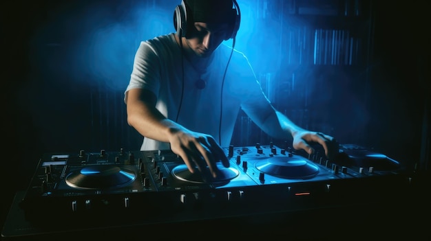 Closeup of a male DJ working under the blue light Generative AI AIG21