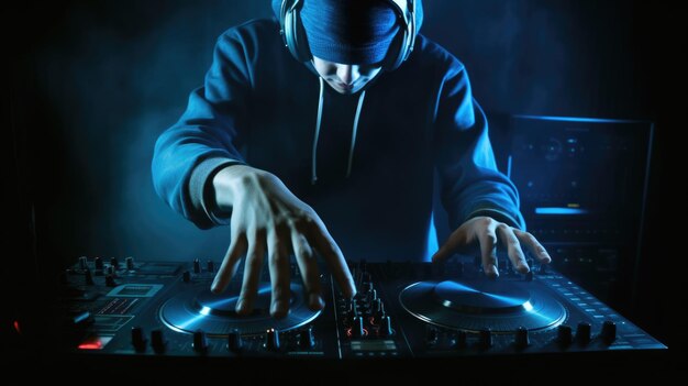 푸른 빛 아래에서 일하는 남성 DJ의 클로즈업 Generative AI AIG21