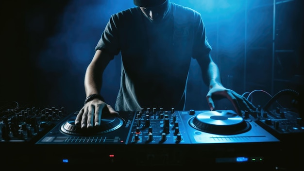 Closeup of a male DJ working under the blue light Generative AI AIG21