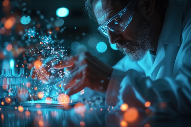 Closeup of a male doctor scientist in gloves and glasses working with a 3d hologram of a molecule on a tablet molecular chemistry laboratory