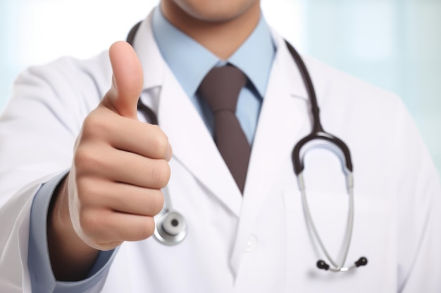 Closeup of a male doctor showing thumbs up with his hand on his
