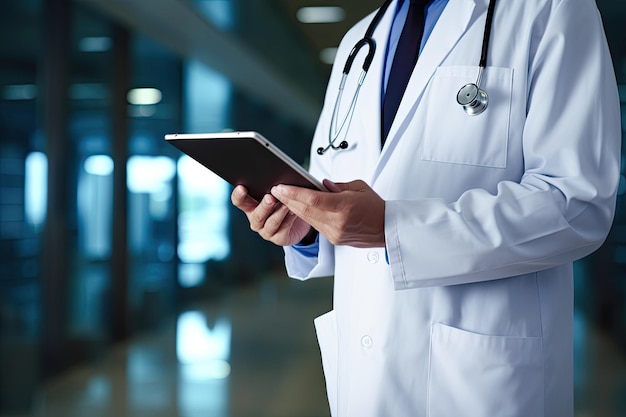 Closeup of a male doctor using digital tablet in the hospital Doctor holding digital tablet at meeting room AI Generated