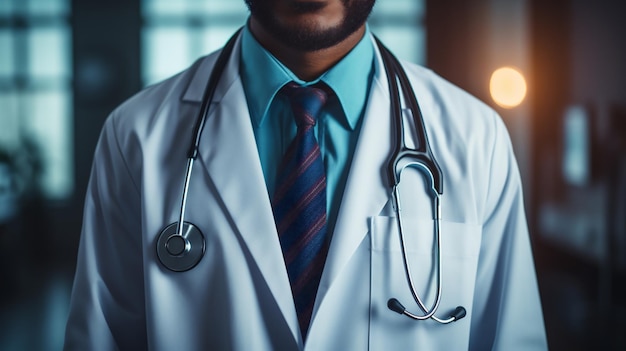 Photo closeup of male doctor with stethoscope standing in hospital