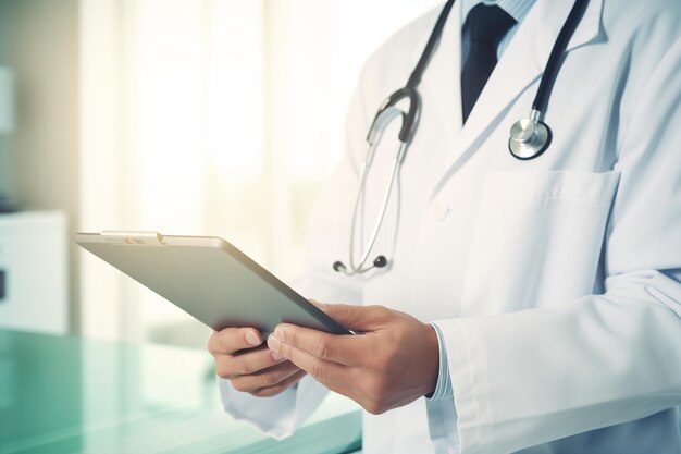 Closeup of a male doctors hands using a digital tablet in a clinic Doctor wearing lab coat and stethoscope holding digital tablet and reading patient report Medical report space for copying