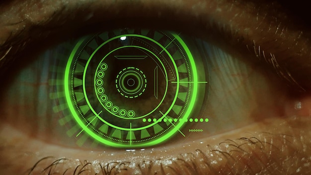 Closeup of a male eye with visual effects The concept of a sensor implanted in the human eye Business computer cyberspace