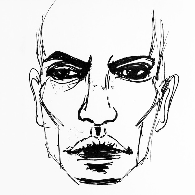 Closeup of male face Drawing by hand with black ink on paper Black and white artwork