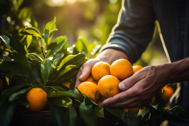 Крупный план рук мужчины-фермера, собирающего апельсины Generative Ai
