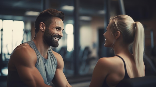 Closeup male and female talking relax after workout in the gym