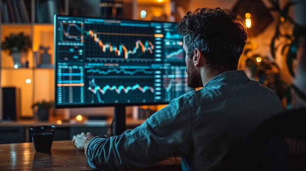 Closeup of male financial broker pointing computer monitor while analyzing stock market graph in night office