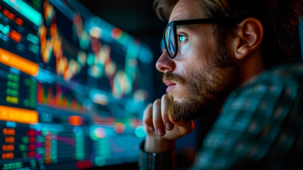 Closeup of male financial broker pointing computer monitor while analyzing stock market graph in night office