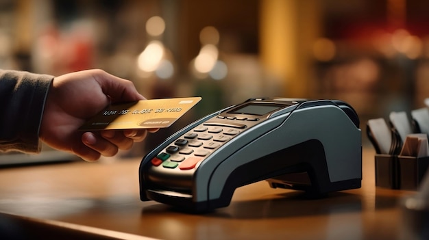 Closeup of male hand holding credit card and using terminal