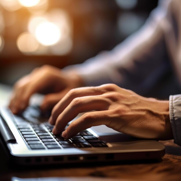 Closeup of male hands typing on laptop keyboard indoors Businessman working in office or student bro