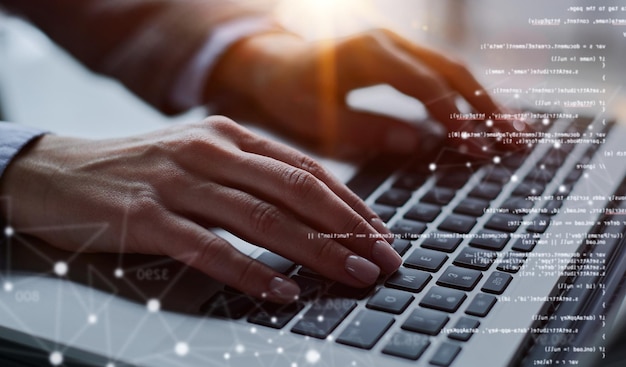 Closeup of male hands using laptop at office