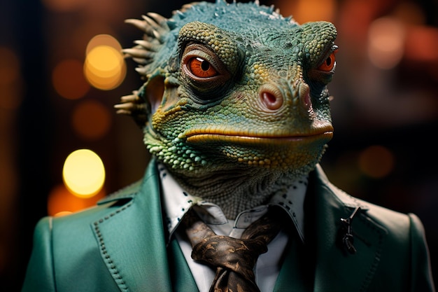 closeup of male iguana with leather jacket orange black and black background