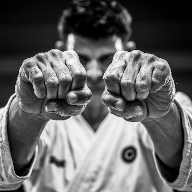 Closeup of male karate fighter hands Black and white