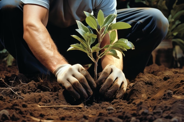 Closeup male man farmer worker gloved hands planting seeds touching soil ground gardening growth