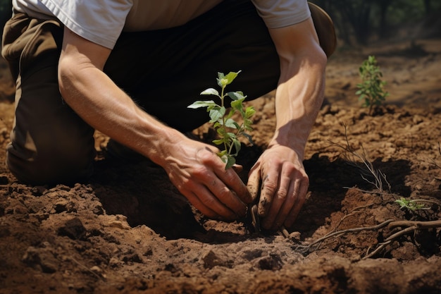 クローズ アップ男性農民労働者手袋をはめた手土壌地面に触れて園芸成長に種子を植える