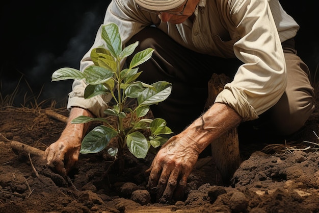 Closeup male man farmer worker gloved hands planting seeds touching soil ground gardening growth