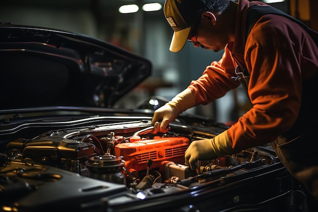 Closeup of a male mechanic repairing a car engine in a garage