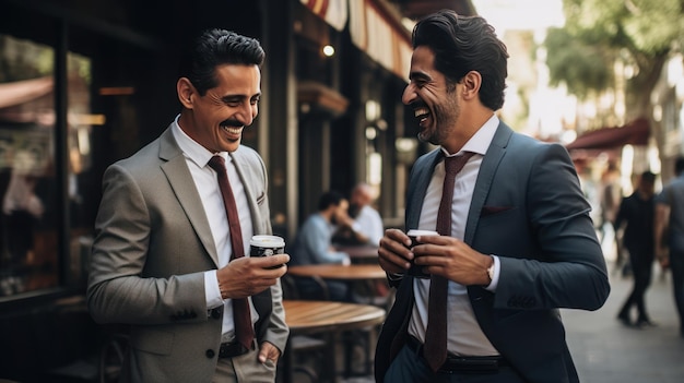 closeup male Mexicans wearing suit handsome and smile talking with friend holding coffee cup