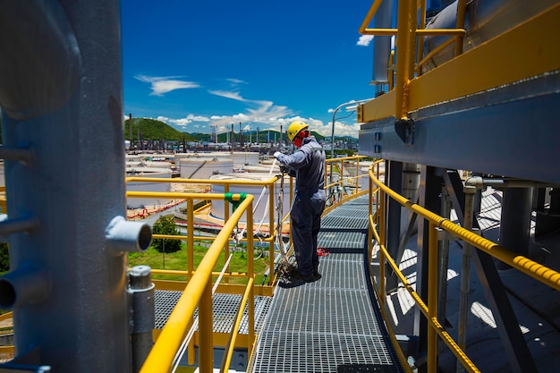 Closeup male worker standing on tank male worker height roof
tank knot carabiner handrail rope access safety inspection.