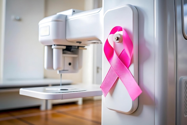 Photo a closeup of a mammogram machine with a pink ribbon sticker on it