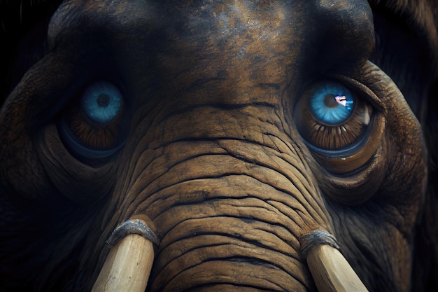 Closeup of a mammoths face with its large eyes and tusks visible