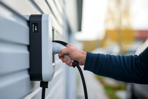 Closeup of a man charging an electric car at a charging station with AI generated