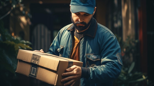 Photo closeup man delivering parcel box