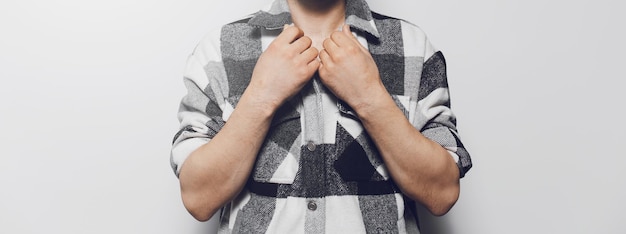 Closeup of man in grey shirt Panoramic banner view