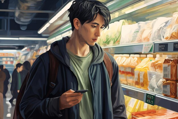 Photo closeup of a man grocery shopping in a supermarket generative ai