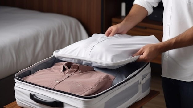 Photo closeup man hand putting clothes into a suitcase preparing for the vacation